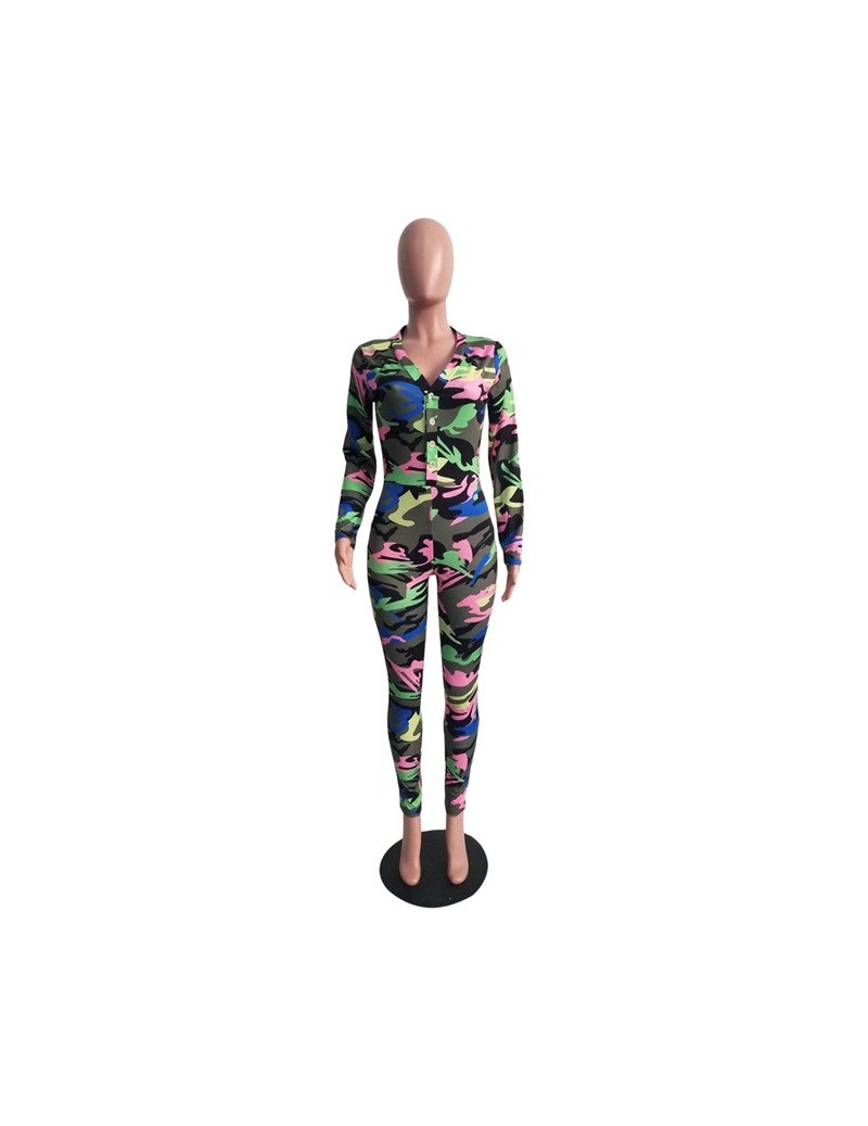 Elegant Sexy Deep V-neck Camouflage Printed Women Jumpsuit Long Sleeve Slim One Piece Trousers Womens Tracksuit Bodycon Jump...