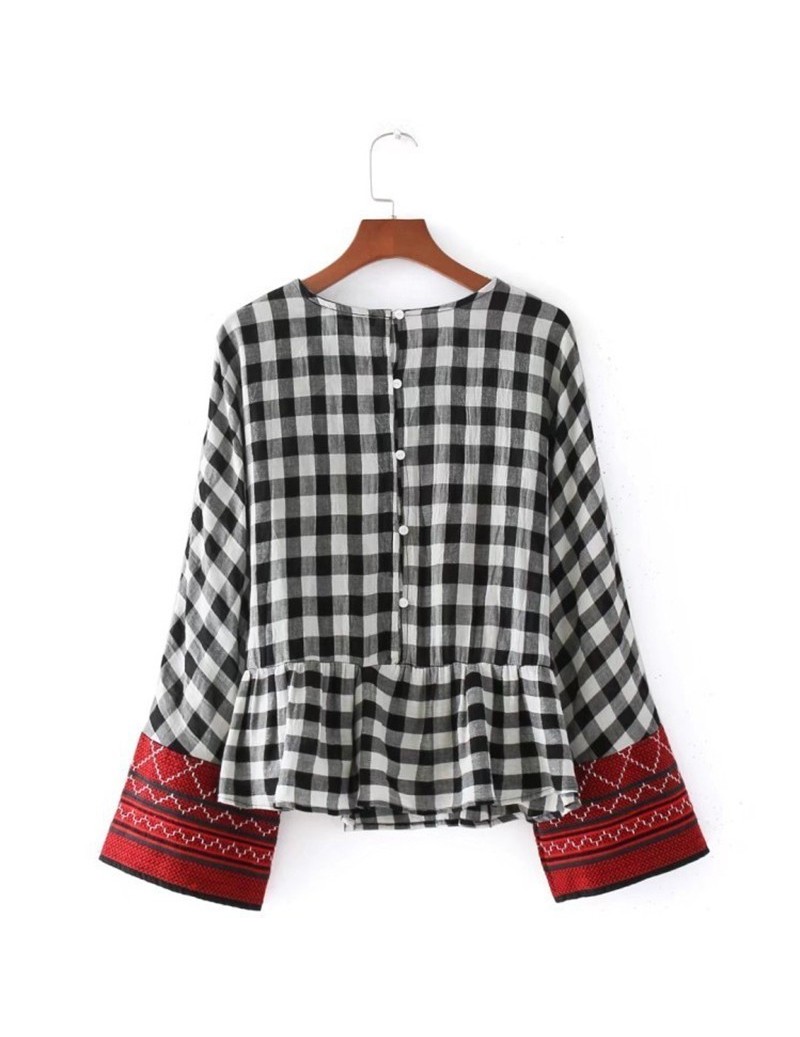 Embroidery Plaid Patchwork Women Shirts Blouses Long Sleeve Loose Tops ...