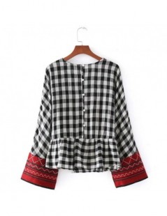 Blouses & Shirts Embroidery Plaid Patchwork Women Shirts Blouses Long Sleeve Loose Tops Female Casual Clothing 2019 Spring Fa...