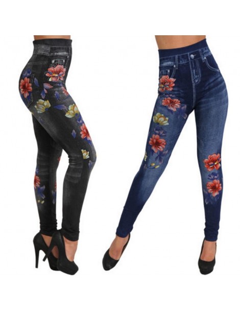 Leggings Fashion Women Leggings Floral Print Pencil Pants Leggins 2019 3XL Plus Size Casual High Waist Faux Denim Leggings Bo...