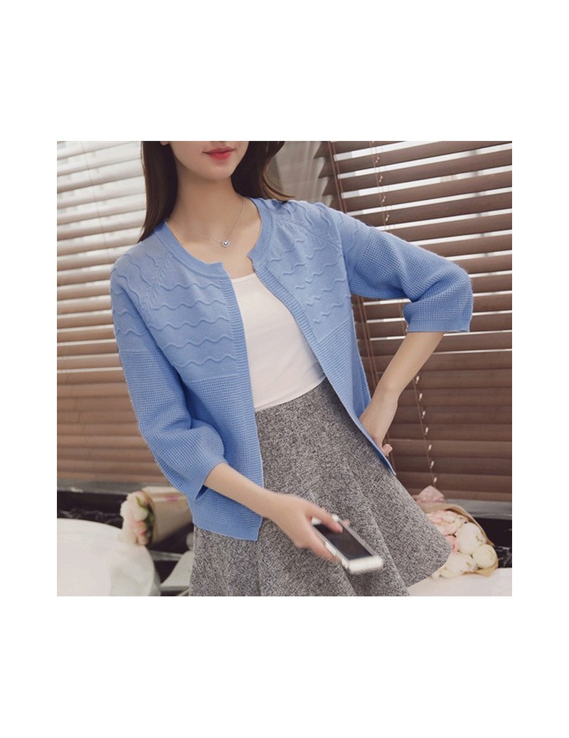 Autumn spring summer womens sweet solid color 3/4 sleeve short all-match loose sweater cardigan shawl coat female QW - Blue ...