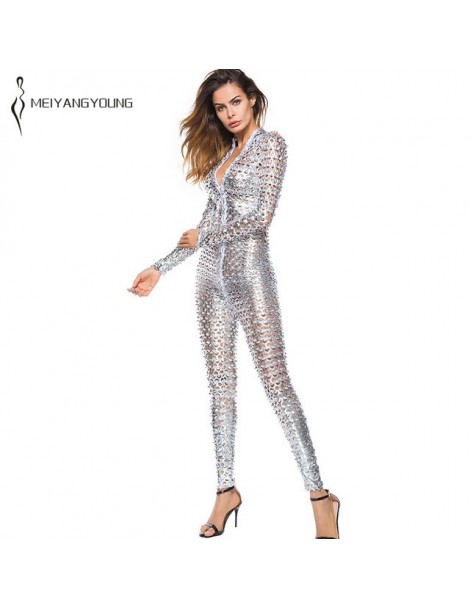 Jumpsuits Fashion Women Silver Hole Long Sleeve Faux Leather Sexy Jumpsuit Lady Costumes Nightclub Party Golden Overalls - Si...