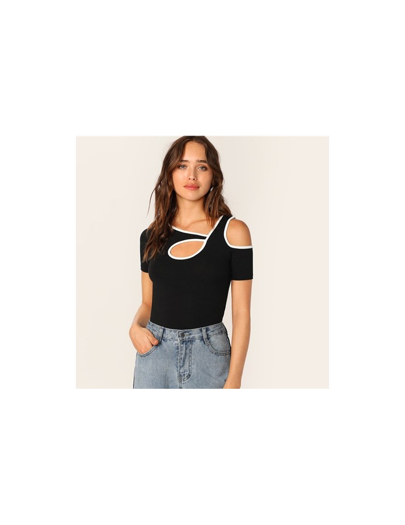 Black Sporty Contrast Binding Cutout Detail Tshirt Women Summer Casual Slim Fit Asymmetrical Neck T Shirt Ladies Tops - Blac...