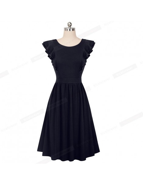 Dresses Retro Vintage Solid color Ruffles Sleeveless vestidos Business Party Female Women Swing Flare Dress A143 - Black - 4D...
