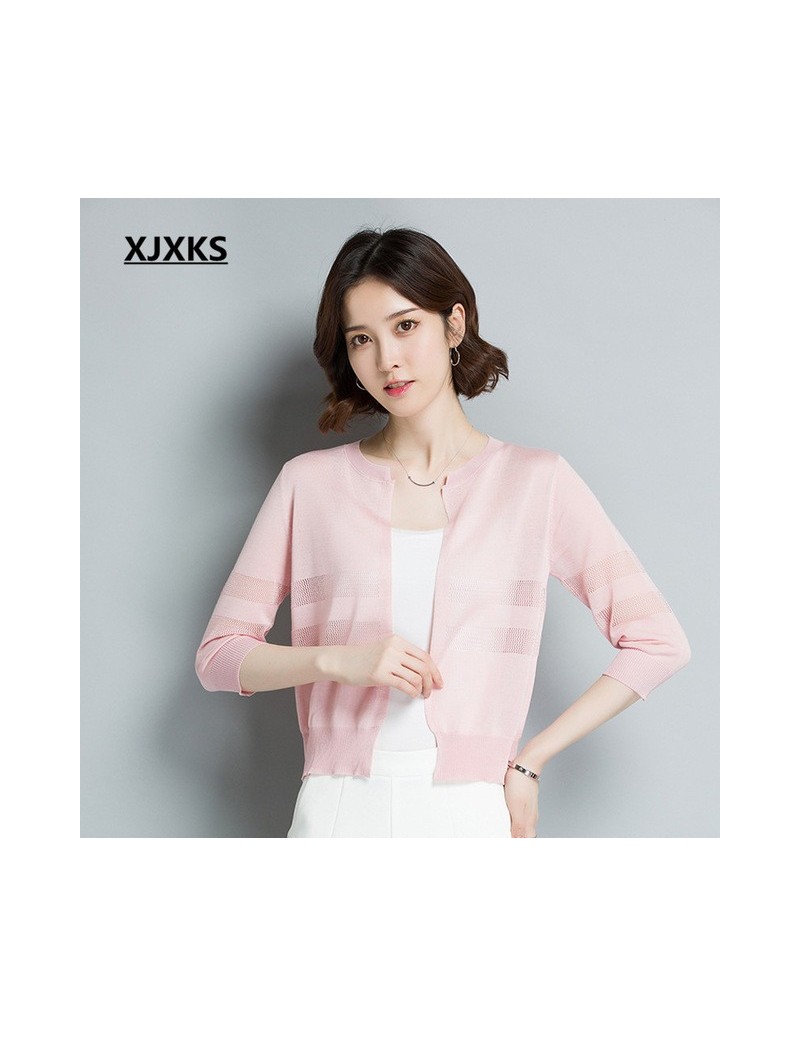 2018 summer new knitted women's sun protection clothing fashion solid color round neck line fabric women's cardigan - Pink -...