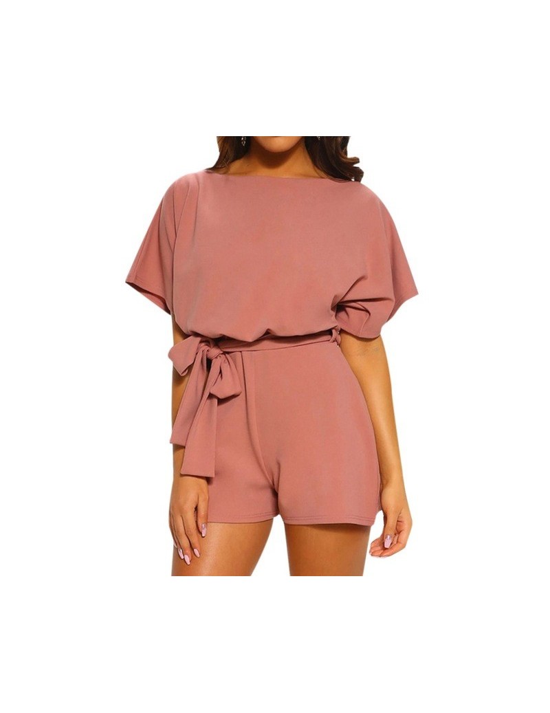 Rompers Fashion Playsuit O-Neck Short Sleeve Women Playsuits Summer Bow Belt Loose Pants - Pink - 33041560553 $34.65
