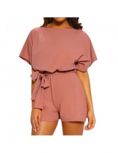 Rompers Fashion Playsuit O-Neck Short Sleeve Women Playsuits Summer Bow Belt Loose Pants - Pink - 33041560553 $16.52