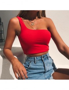 Camis Women Sexy One Shoulder Steel-free Strap Vest Tops Women's Black White Crop Top Pure Color - Red - 434127167225-2 $10.14