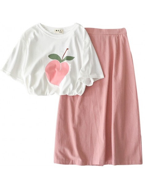 Women's Sets Peach Sweet Summer Skirt Set Women Two Pieces Set Fashion Suit Korean Short Sleeve T-shirt + High Waist Maxi Ski...