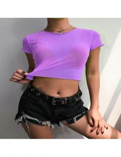 T-Shirts 2019 New Women Solid Shiny Transparent mesh slim Cropped Topssummer casual Short Sleeve Sheer Ladies O Neck short T-...