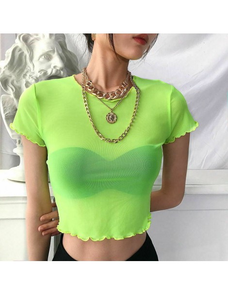 T-Shirts 2019 New Women Solid Shiny Transparent mesh slim Cropped Topssummer casual Short Sleeve Sheer Ladies O Neck short T-...