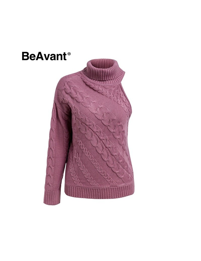 Pullovers One shoulder pink turtleneck knitted sweater Female twist pullover women jumper Casual streetwear autumn winter swe...