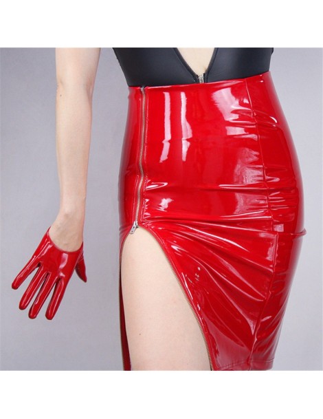 Skirts Red Patent Leather Long Zipper PU Imitation Leather Skirts Side Split Half-length Pencil Half Skirt High Waist Elastic...
