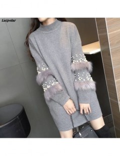 Pullovers Chic Women Turtleneck Beading Pullover Pearls Loose Knitted Dress Striped Faux Rabbit Fur Long-sleeved Sweater 2018...