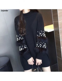 Pullovers Chic Women Turtleneck Beading Pullover Pearls Loose Knitted Dress Striped Faux Rabbit Fur Long-sleeved Sweater 2018...