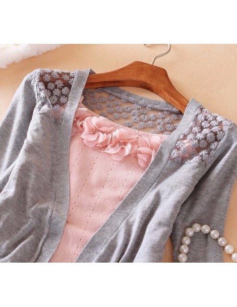 Shrugs Women Lady Hollow Lace Knitted Sweet Candy Color Crochet Knit Blouse Top Coat Sweater Cardigan Long Sleeve Slim Thin O...