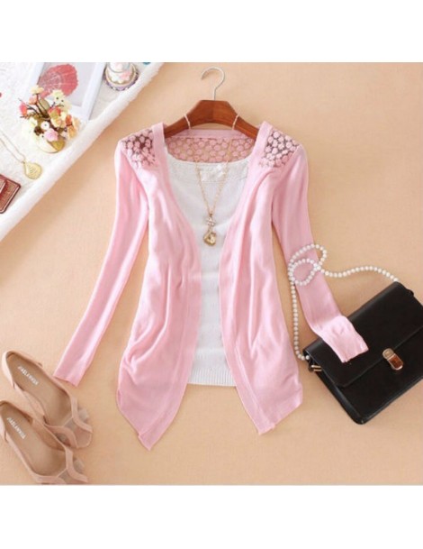 Shrugs Women Lady Hollow Lace Knitted Sweet Candy Color Crochet Knit Blouse Top Coat Sweater Cardigan Long Sleeve Slim Thin O...