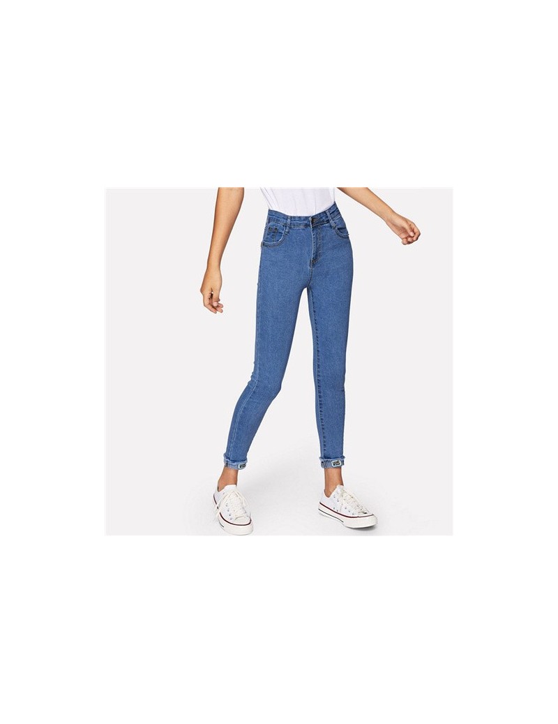 Blue Roll Up Hem Skinny Jeans Woman 2019 Autumn Casual High Waisted Pants Womens Clothing Korean Style Plain Trousers - Blue...