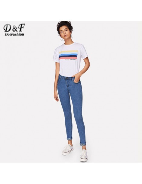 Jeans Blue Roll Up Hem Skinny Jeans Woman 2019 Autumn Casual High Waisted Pants Womens Clothing Korean Style Plain Trousers -...