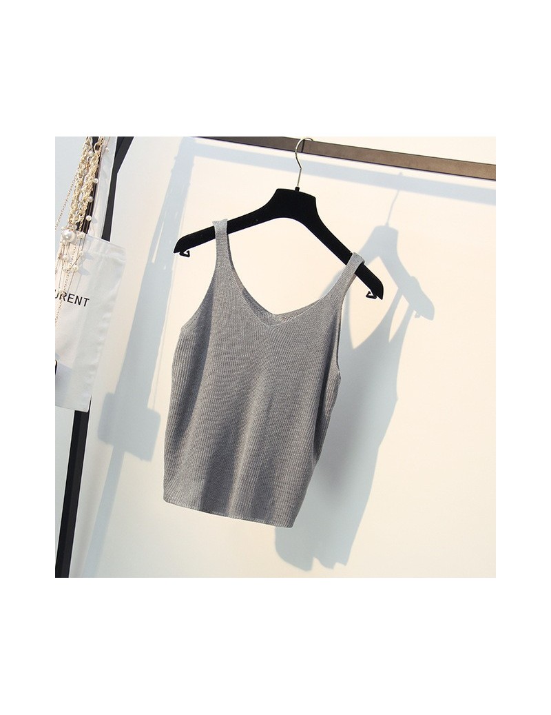 New knitted Tank Tops Women Summer Camisole Vest simple Loose Ladies V Neck Sexy Strappy Tank Tops A-034 - Gray - 4A39731289...