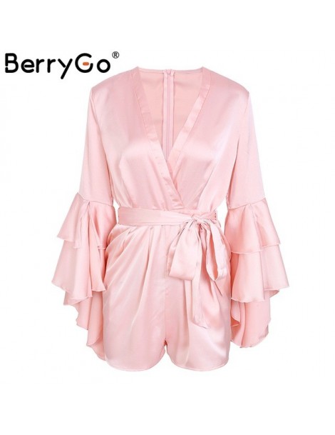 Rompers Sexy v neck flare long sleeve playsuit High waist tie up pleated satin short romper 2018 Summer women jumpsuit - Pink...