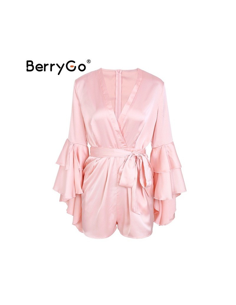 Sexy v neck flare long sleeve playsuit High waist tie up pleated satin short romper 2018 Summer women jumpsuit - Pink - 3284...