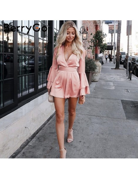 Rompers Sexy v neck flare long sleeve playsuit High waist tie up pleated satin short romper 2018 Summer women jumpsuit - Pink...