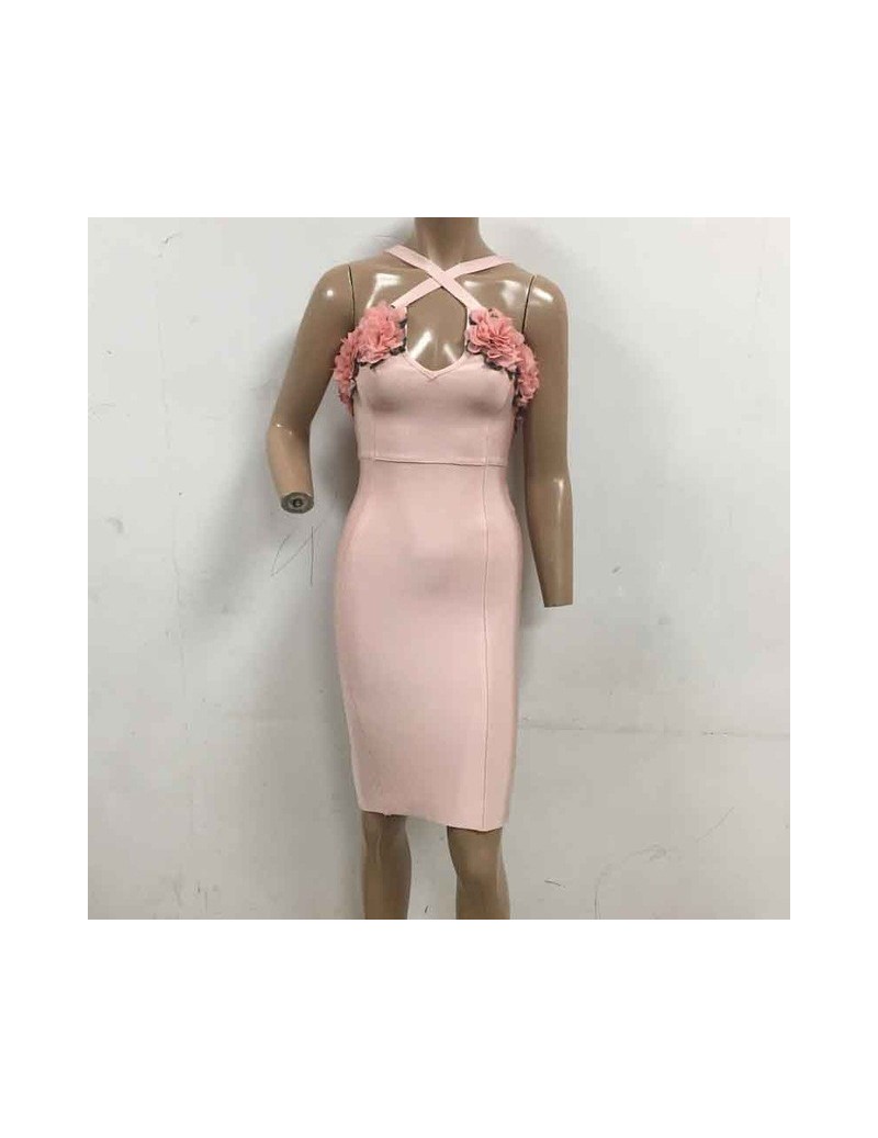 Wholesale 2019 Newest Women Pink Spaghetti Strap V-neck Flower decoration Flower decoration Night club dress - Pink - 4Y3078...