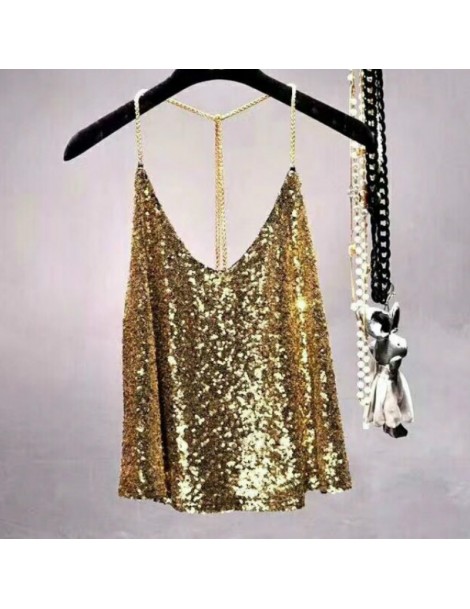 Camis Sexy Club Metal Chains Sequins Halter Camisole women Beading Tank loose backless Gold metallic shiny straps Camis Party...