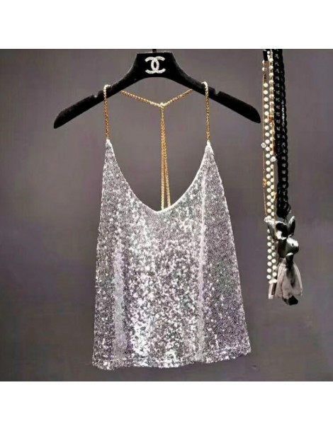 Camis Sexy Club Metal Chains Sequins Halter Camisole women Beading Tank loose backless Gold metallic shiny straps Camis Party...