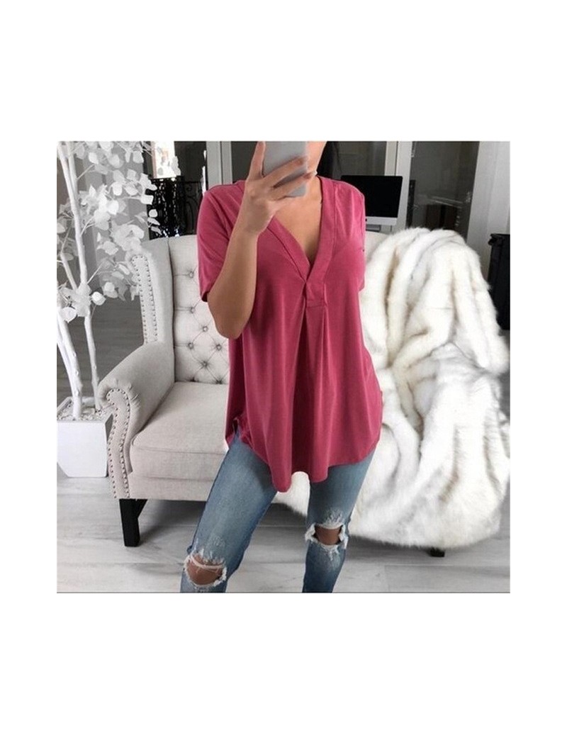 Women's Blouse V-neck Loose Short Sleeve Shirt Cool and Comfortable Solid Color White Red Black Purple Simple Women Tops - R...