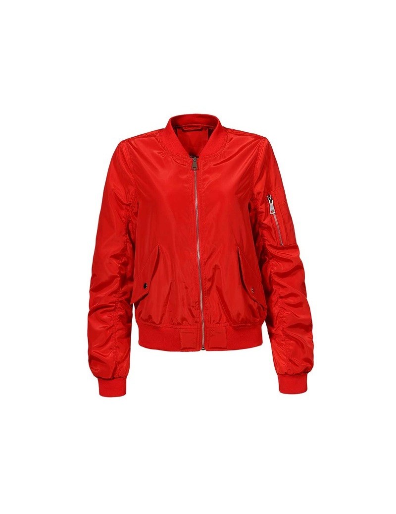 2019 Spring Women Casual Solid Pleated Sleeve Zipper Pocket Bomber Jackets Ladies' Coat Outwear WFY-7836 - Red - 403081979735-3