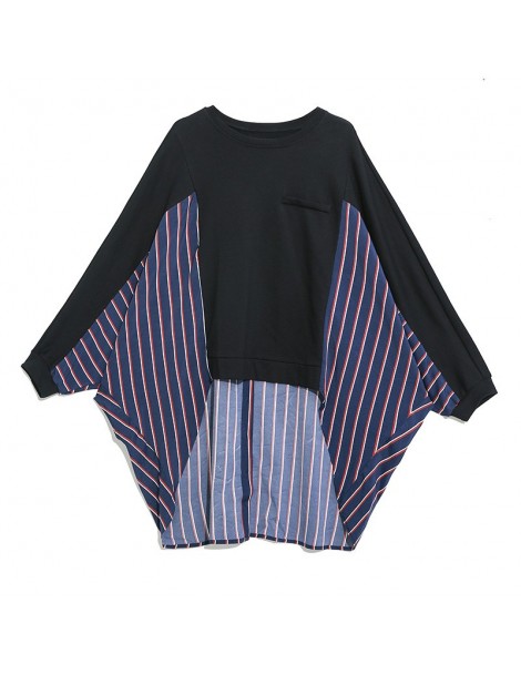 T-Shirts 2019 Autumn New Stitching Striped Round Neck T-shirt Women Cotton Wild Casual Ladies T Shirts Bat-wing Sleeve Tops -...
