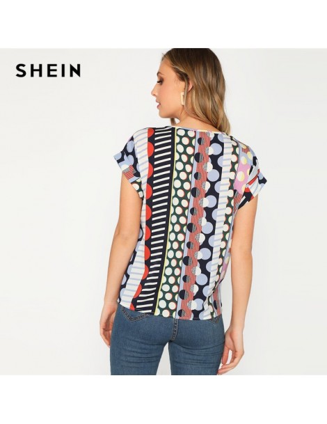 Blouses & Shirts Geometric Rolled Up Sleeve Geo Print Top Blouse Women 2019 Spring Multicolor Round Neck Short Sleeve Top Blo...
