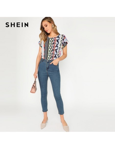 Blouses & Shirts Geometric Rolled Up Sleeve Geo Print Top Blouse Women 2019 Spring Multicolor Round Neck Short Sleeve Top Blo...