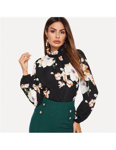 Blouses & Shirts Elegant Blouse Women Keyhole Back Mock-neck Floral Print Top Female Black Shirt Frilled Collar Womens Tops a...