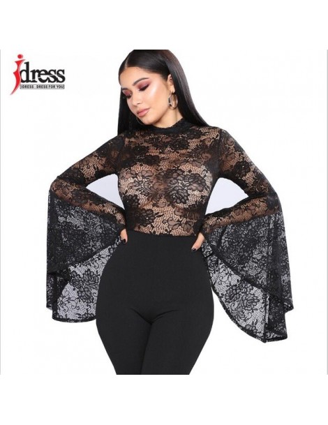 Bodysuits IDress Sexy Women Floral Lace Bodysuit Flare Sleeve Playsuit Rompers Summer Lady Turtleneck Long Sleeve Overalls Bl...