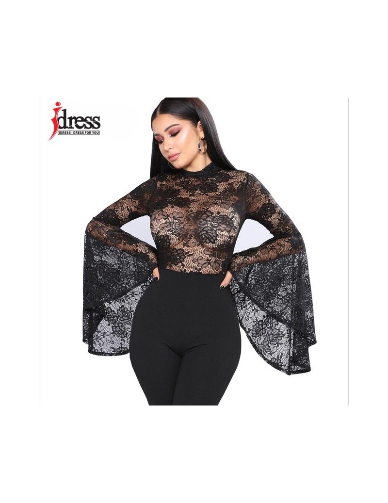 IDress Sexy Women Floral Lace Bodysuit Flare Sleeve Playsuit Rompers Summer Lady Turtleneck Long Sleeve Overalls Black Plays...
