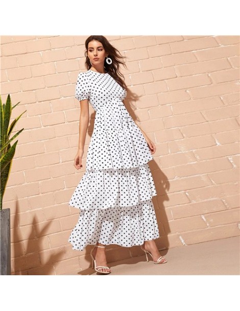 Elegant Puff Sleeve Dress Women 2019 Summer Layered Ruffle Hem Dresses Ladies Short Sleeve High Waist A Line Dress - White -...