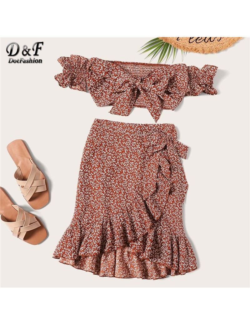 Rust Knotted Shirred Floral Bardot Top With Ruffle Wrap Skirt Set Women 2019 Boho Summer Short Sleeve Two Piece Set - 4D4143...