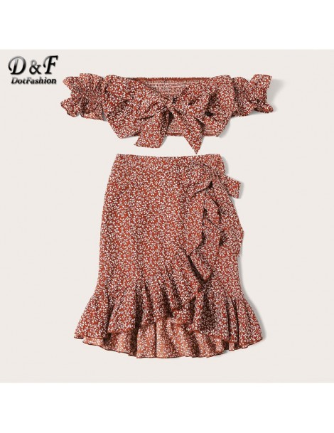 Women's Sets Rust Knotted Shirred Floral Bardot Top With Ruffle Wrap Skirt Set Women 2019 Boho Summer Short Sleeve Two Piece ...