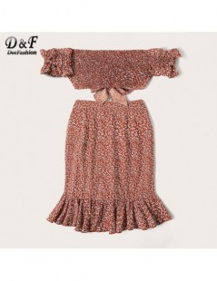 Women's Sets Rust Knotted Shirred Floral Bardot Top With Ruffle Wrap Skirt Set Women 2019 Boho Summer Short Sleeve Two Piece ...
