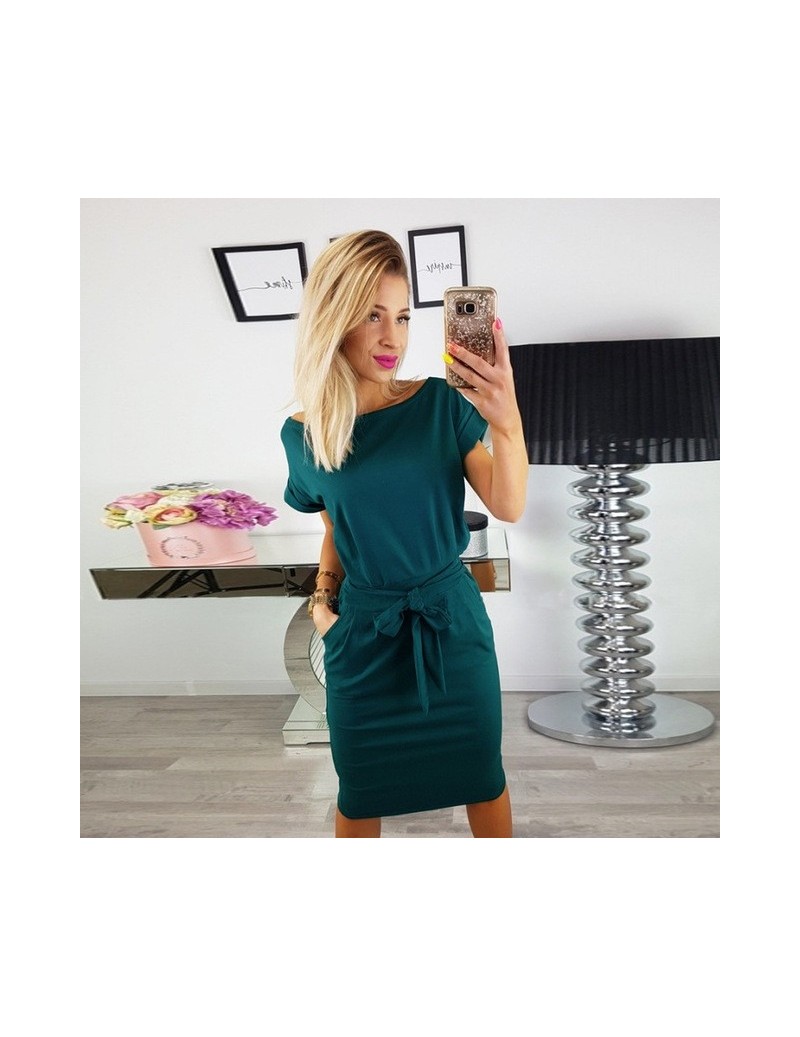 Women Summer Straight Dresses 2019 Casual Short Sleeve O Neck Pockets Sashes Solid Loose Plus Size Dress - D0348Green - 4U30...