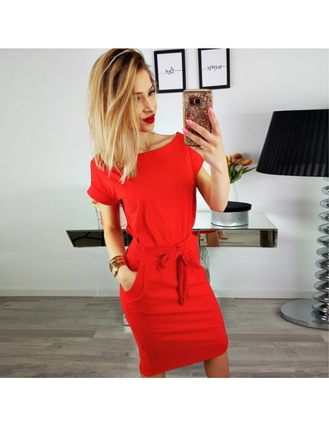 Dresses Women Summer Straight Dresses 2019 Casual Short Sleeve O Neck Pockets Sashes Solid Loose Plus Size Dress - D0348Green...