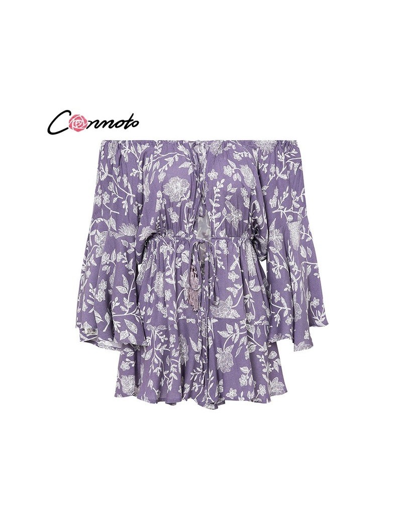 Ruffles Summer Vintage Women Casual Playsuits Print Off Shoulder 2019 Short Jumpsuit Rompers Bohemian Playsuit - Purple -...