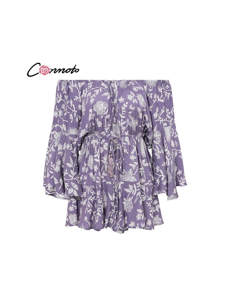 Rompers Ruffles Summer Vintage Women Casual Playsuits Print Off Shoulder 2019 Short Jumpsuit Rompers Bohemian Playsuit - Purp...