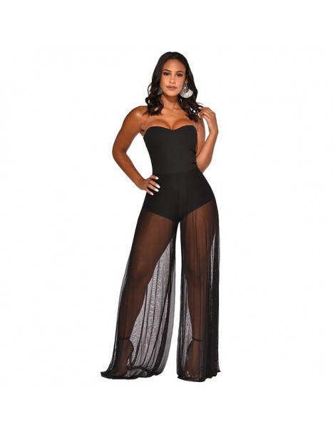Jumpsuits Sheer Mesh Patchwork Sexy Jumpsuit Women Off Shoulder Backless Wide Leg Bodysuit Summer Strapless Sleeveless See Th...