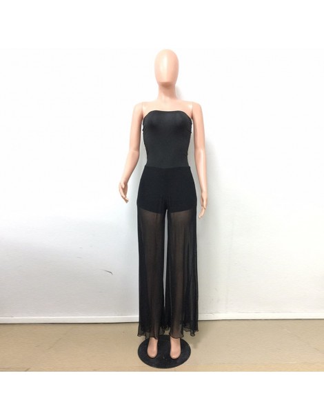 Jumpsuits Sheer Mesh Patchwork Sexy Jumpsuit Women Off Shoulder Backless Wide Leg Bodysuit Summer Strapless Sleeveless See Th...
