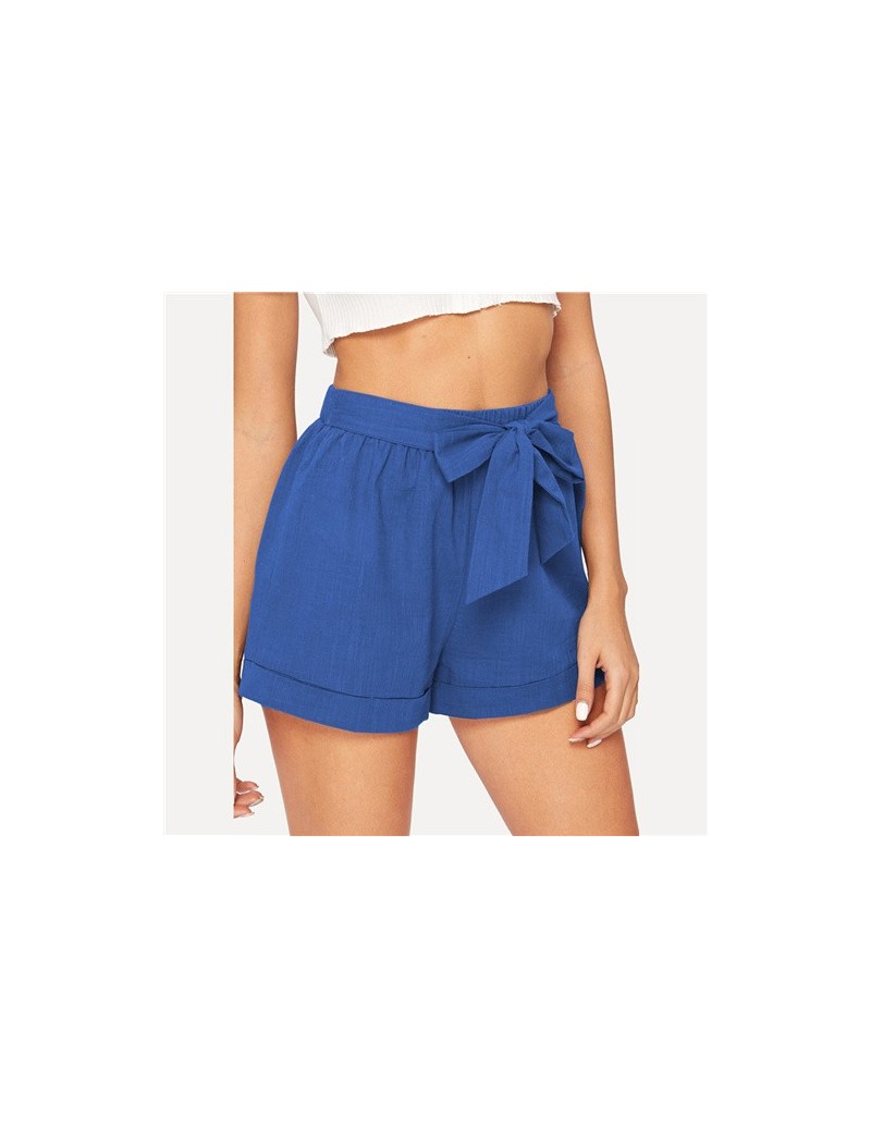 Self Belted Elastic Waist Shorts Fitness Swish Women Army Green Solid Mid Waist Shorts 2019 Fashion Summer Shorts - Blue - 4...