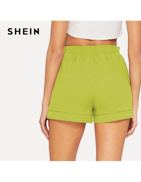 Shorts Self Belted Elastic Waist Shorts Fitness Swish Women Army Green Solid Mid Waist Shorts 2019 Fashion Summer Shorts - Bl...